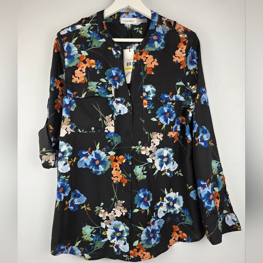 Calvin Klein Floral Print Multicolored Long Sleeve Womens Blouse Size M
